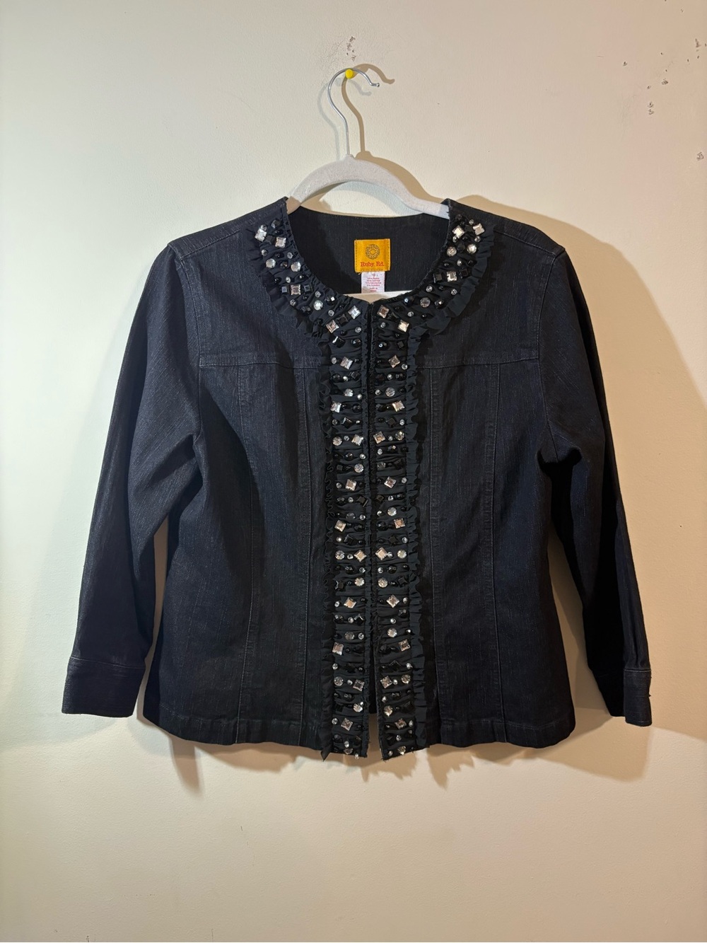 Ruby Rd. denim jacket Women’s SZ 10 black beaded Embellished ruffle trim